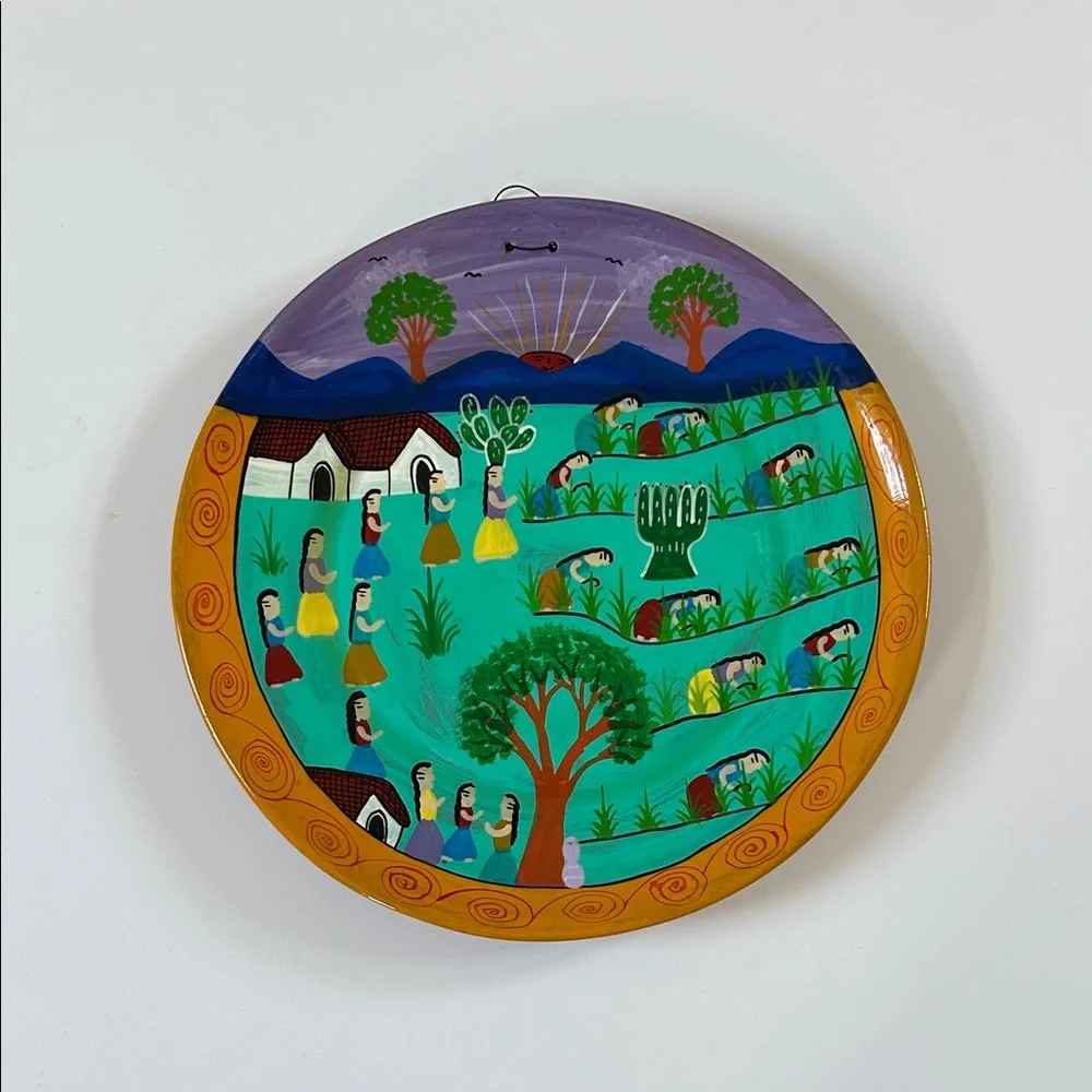 Vintage Handpainted Mexican Folk Art “ Village Women “ Wall Hanging Plate